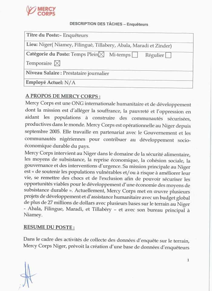 Mercy Corps Recrute Des Enqueteurs Niamey Filingue Tillabery Abala Maradi Et Zinder Niger Tchadcarriere